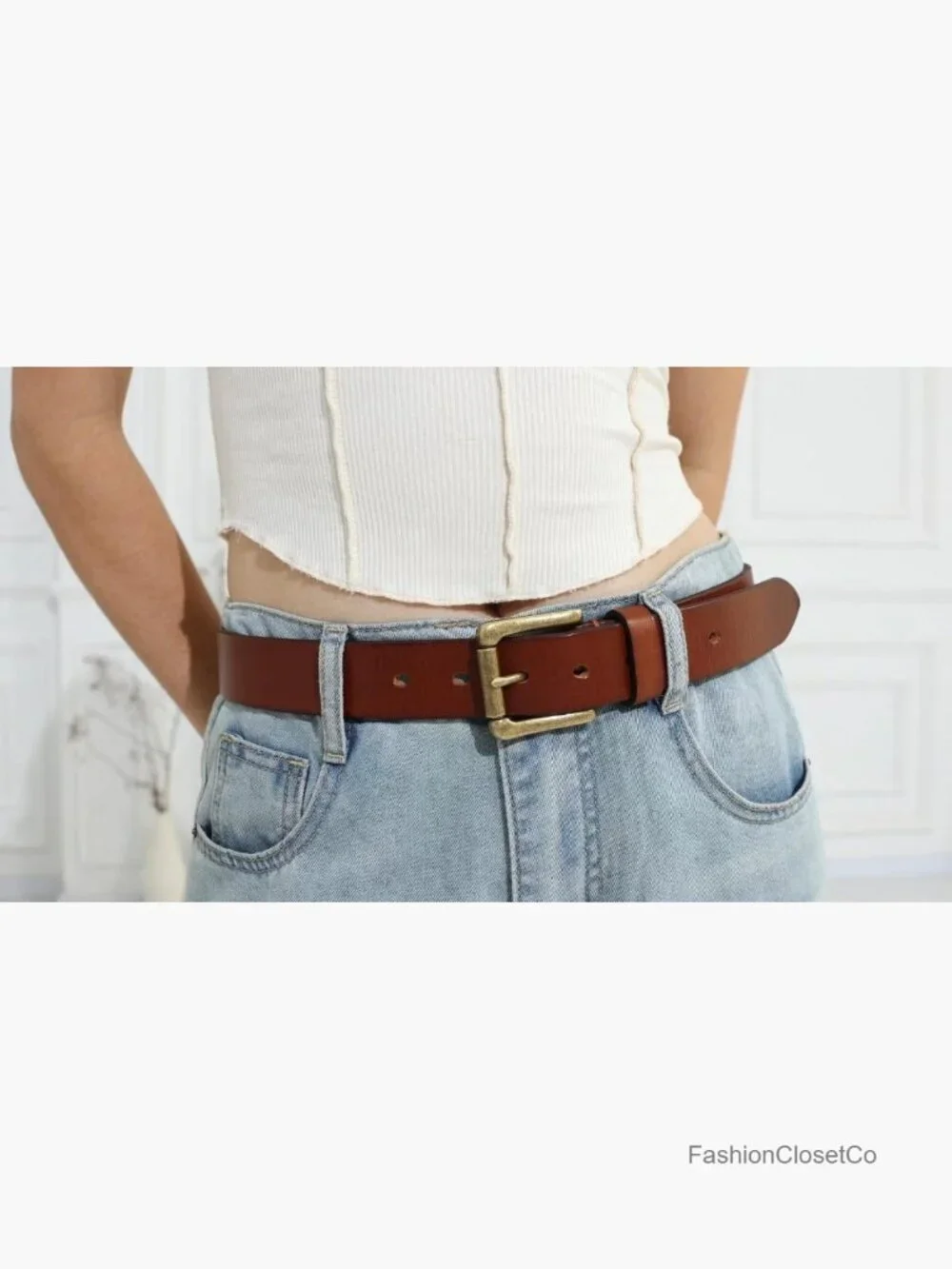 Womens 100% Italian Full Grain Leather Belt with Vintage Metal Buckle